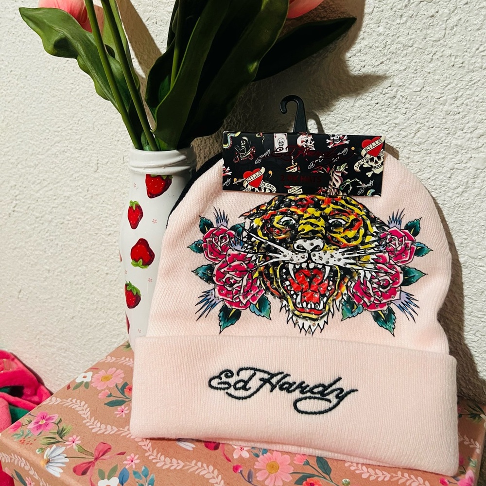 Set of 2 Ed Hardy Light Pink and Black Beanie with Tiger and Floral Art